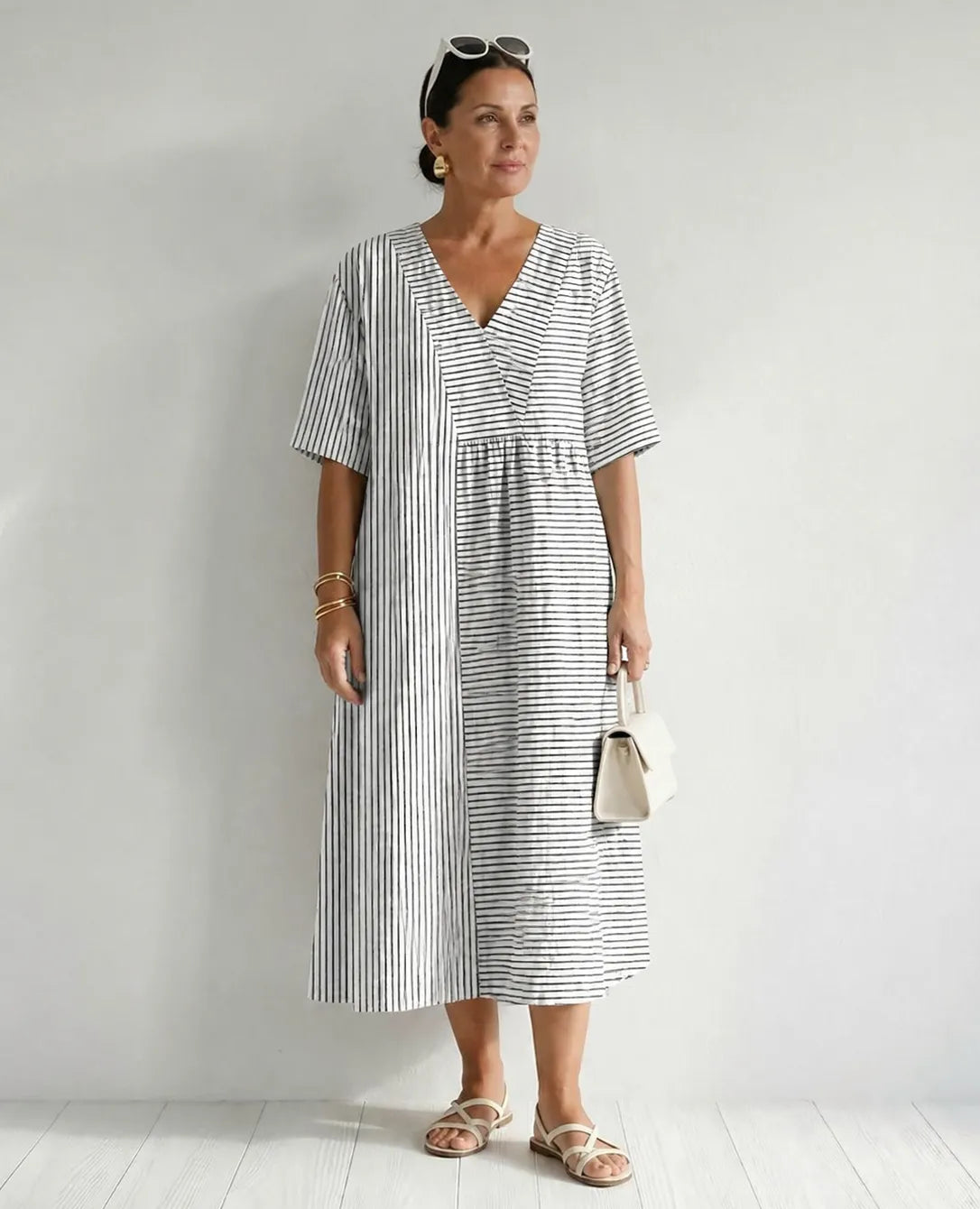 Homixa women's mixed-stripe V-neck midi dress displayed, featuring a stylish and comfortable design perfect for casual wear.