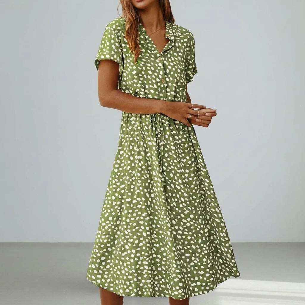 Polished women's spotted print short sleeve midi shirt dress by Homixa, featuring button front and knee-length design.