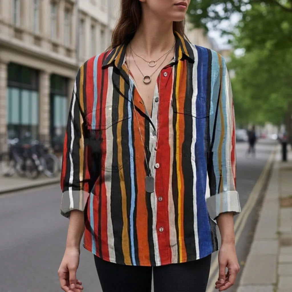 Homixa women's long sleeve striped button-up shirt in multicolor, featuring a classic collar and button closure, casual and stylish.
