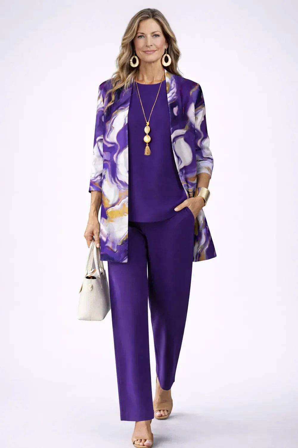 Homixa women's printed cardigan 3-piece wide-leg pant set, featuring a stylish cardigan, matching top, and flowy wide-leg pants.