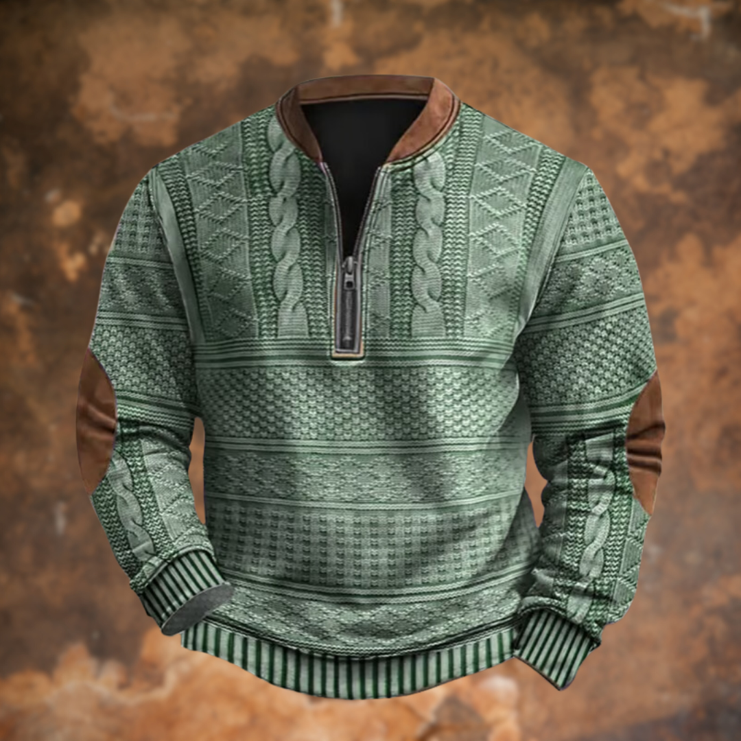 Men's cable-knit quarter-zip sweater from Homixa featuring long sleeves and elbow patches, ideal for casual or layered looks.
