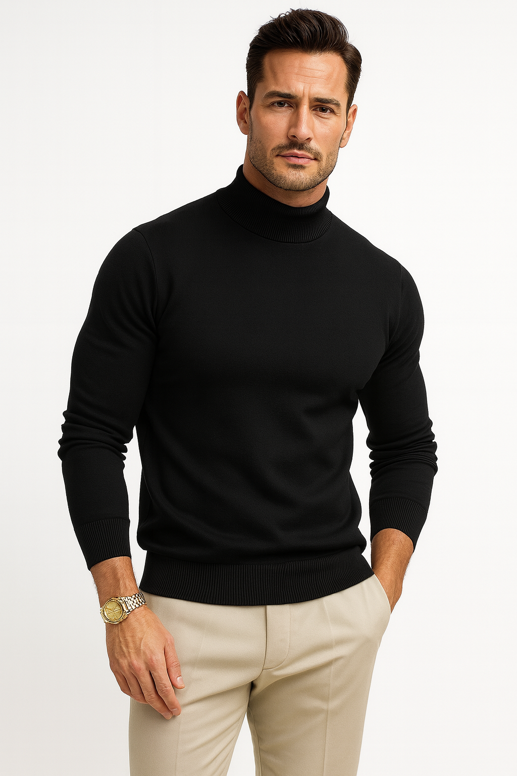 Homixa men's fitted ribbed knit turtleneck sweater with long sleeves, ideal for layering, shown in a close-up image.