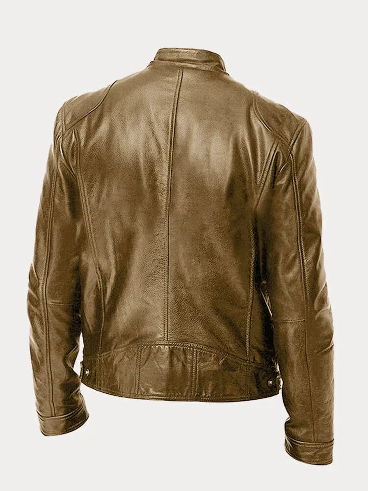 Men's leather jacket by Homixa featuring a stand collar, zip front, and four zippered pockets, shown in a stylish, fitted design.