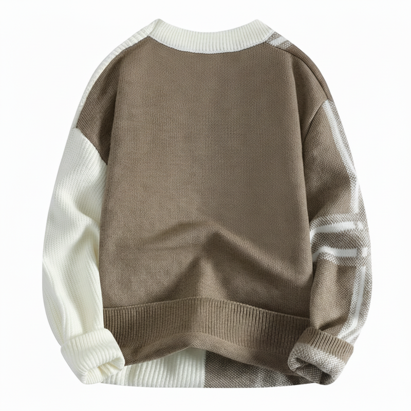 Men's Homixa plaid and color-block crew-neck sweater with a relaxed fit, featuring a cozy, stylish design in natural fabric.