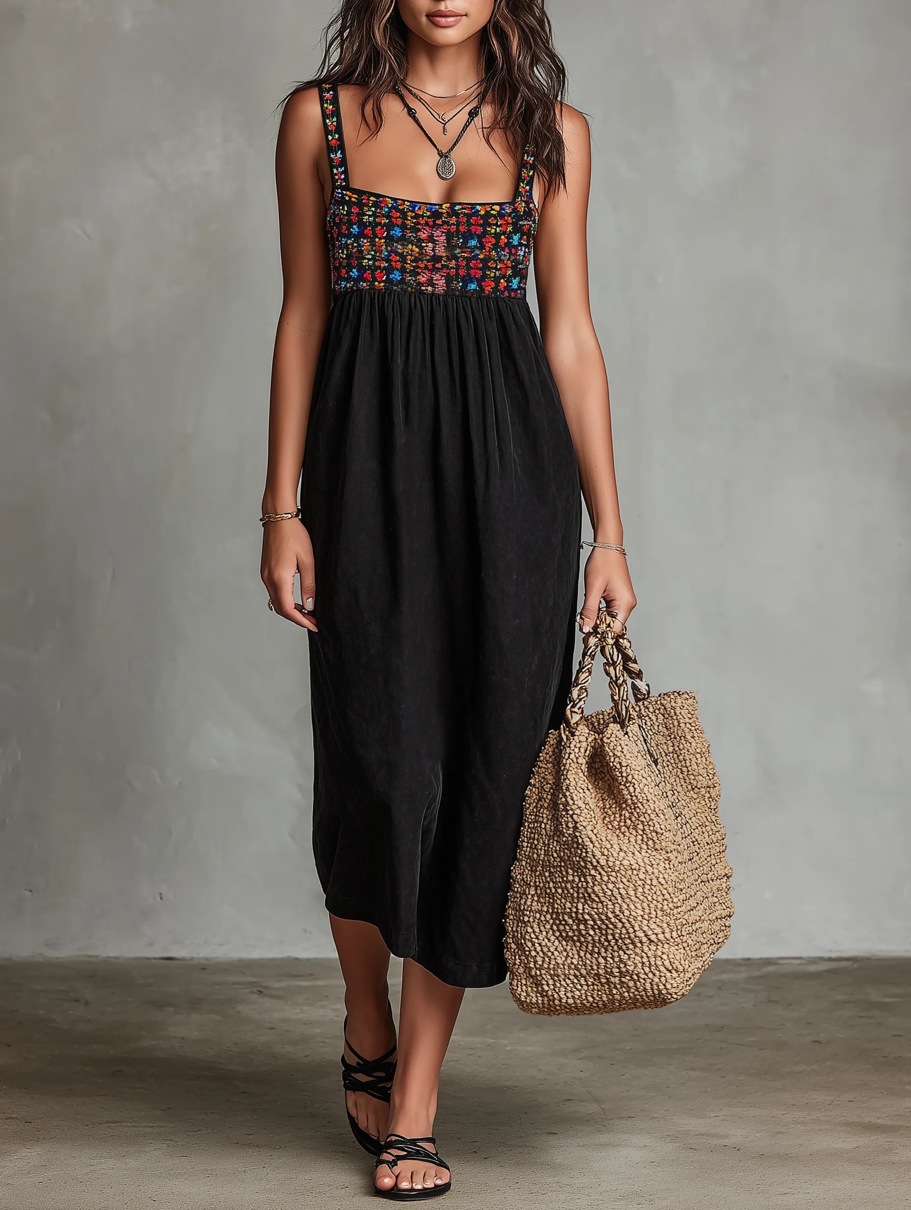 Women’s contrast-bodice square-neck midi dress by Homixa, featuring a stylish design and fitted silhouette.