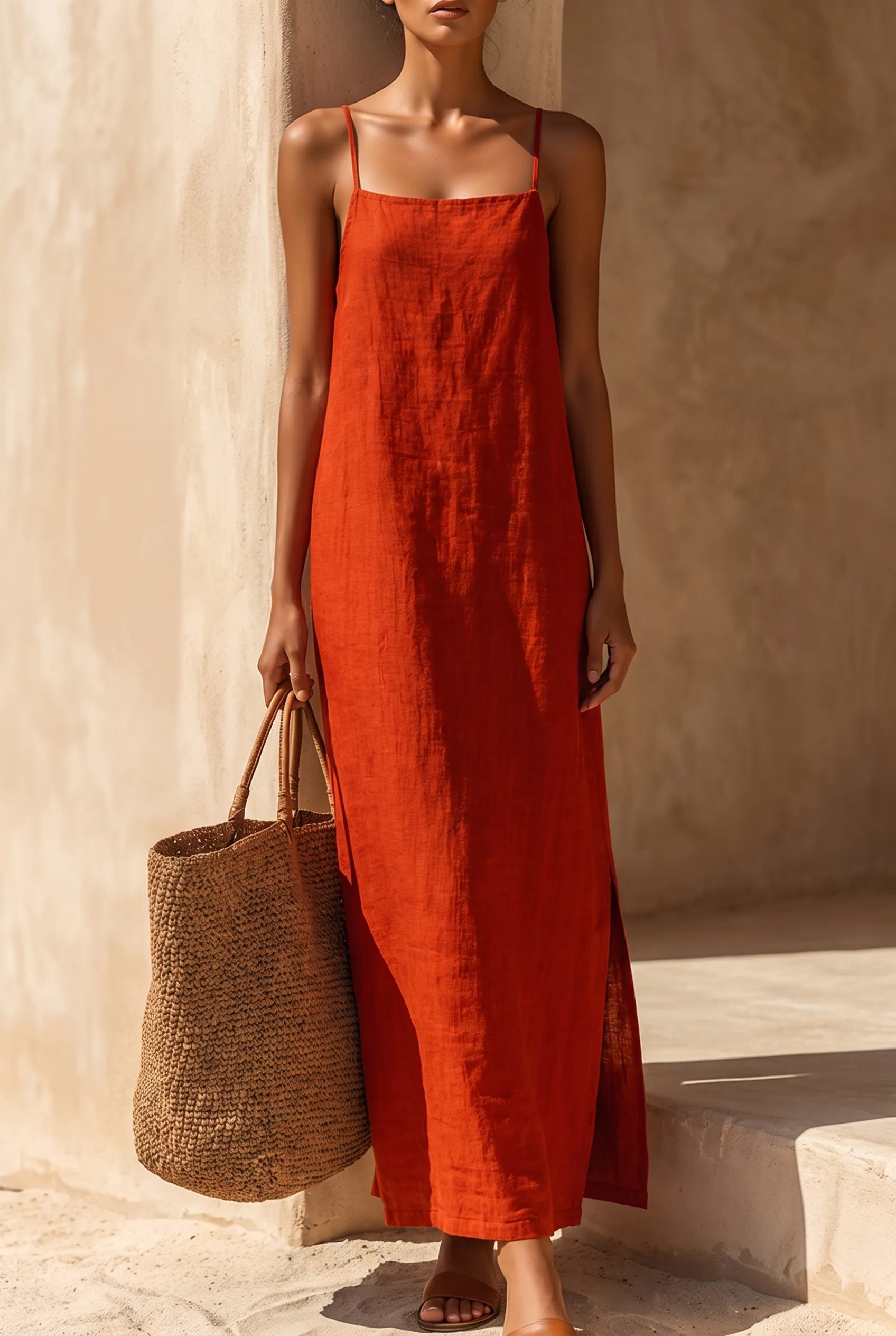 Ruby women's square-neck spaghetti-strap side-slit maxi dress by Homixa, flowing fabric and elegant design perfect for summer.