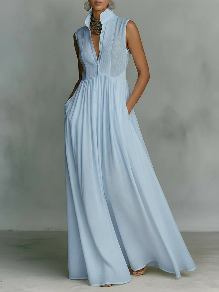 Homixa women's sleeveless stand-collar pocket maxi dress, lightweight fabric, elegant design, and casual style.