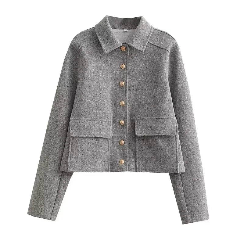Women's Cropped Winter Bomber Jacket by Homixa with button-front closure and a clean, structured shape, shown on a model.