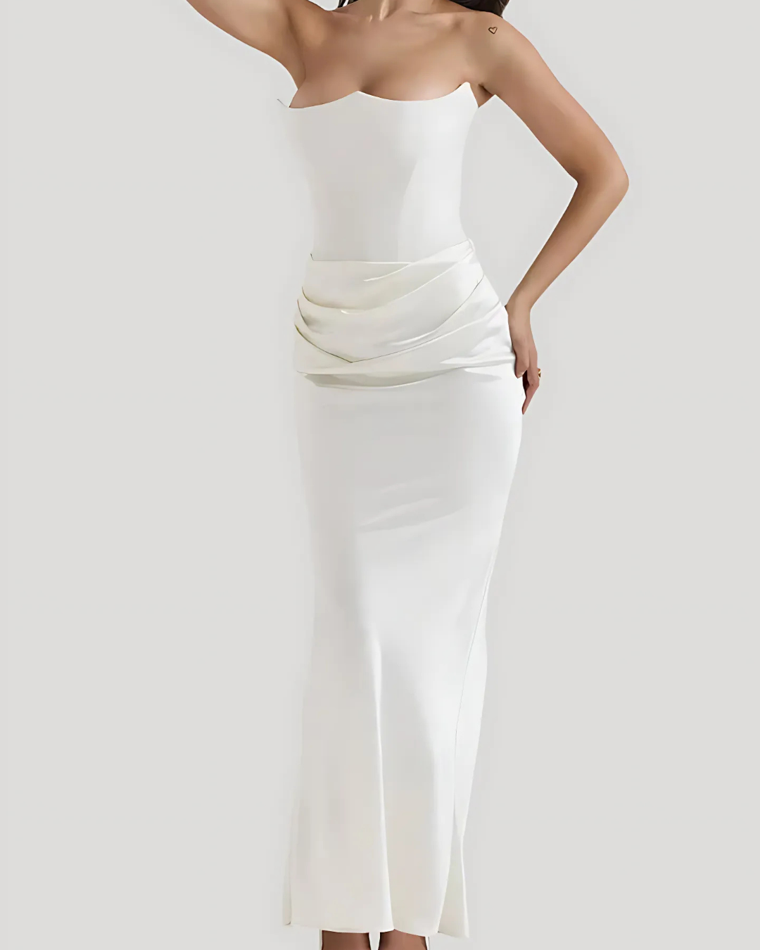 Homixa women's draped maxi dress with strapless neckline, perfect for summer wedding guests, flowing fabric and elegant design.