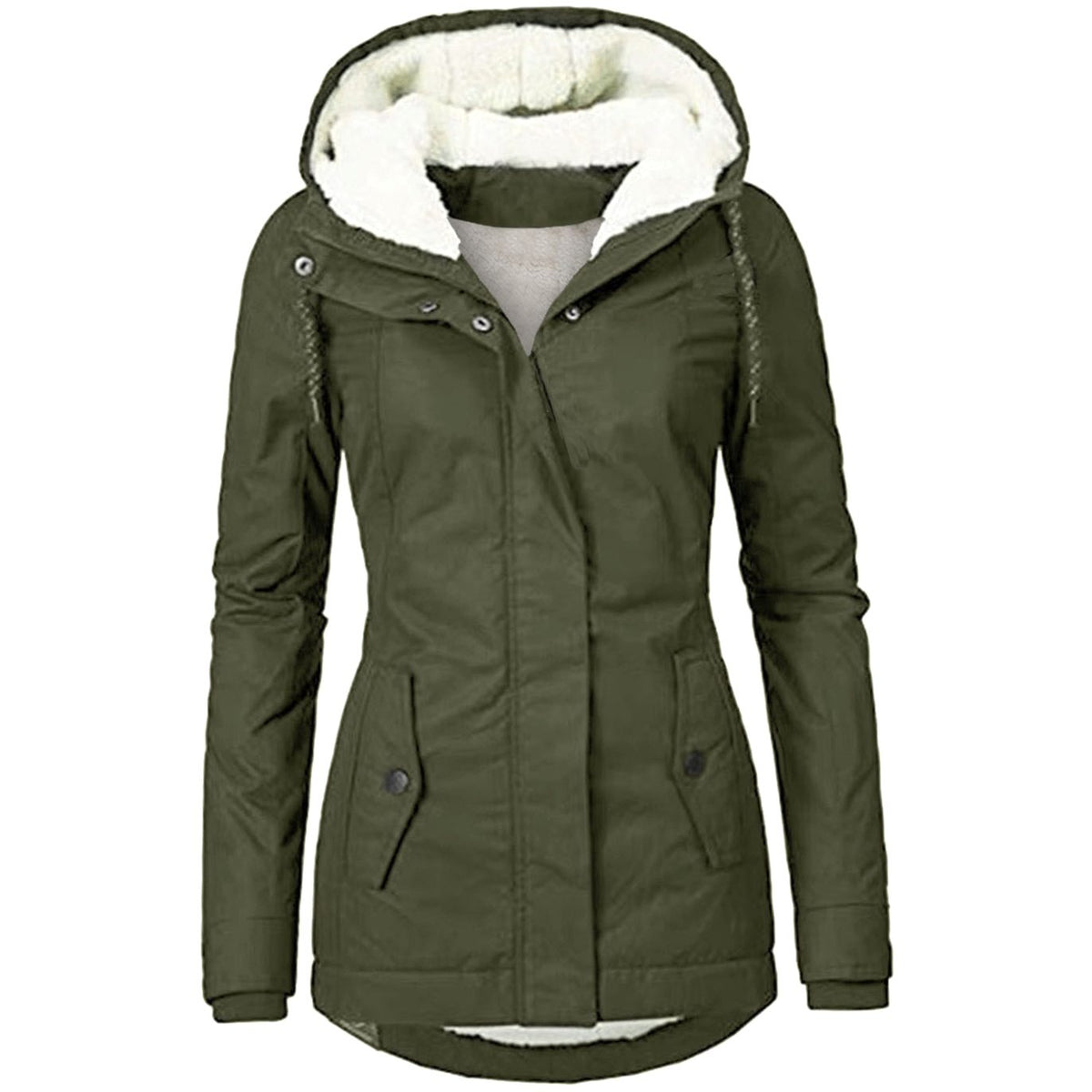 Women's fleece-lined parka by Homixa featuring a drawstring hood, curved hem, and flap pockets, ideal for cold weather.