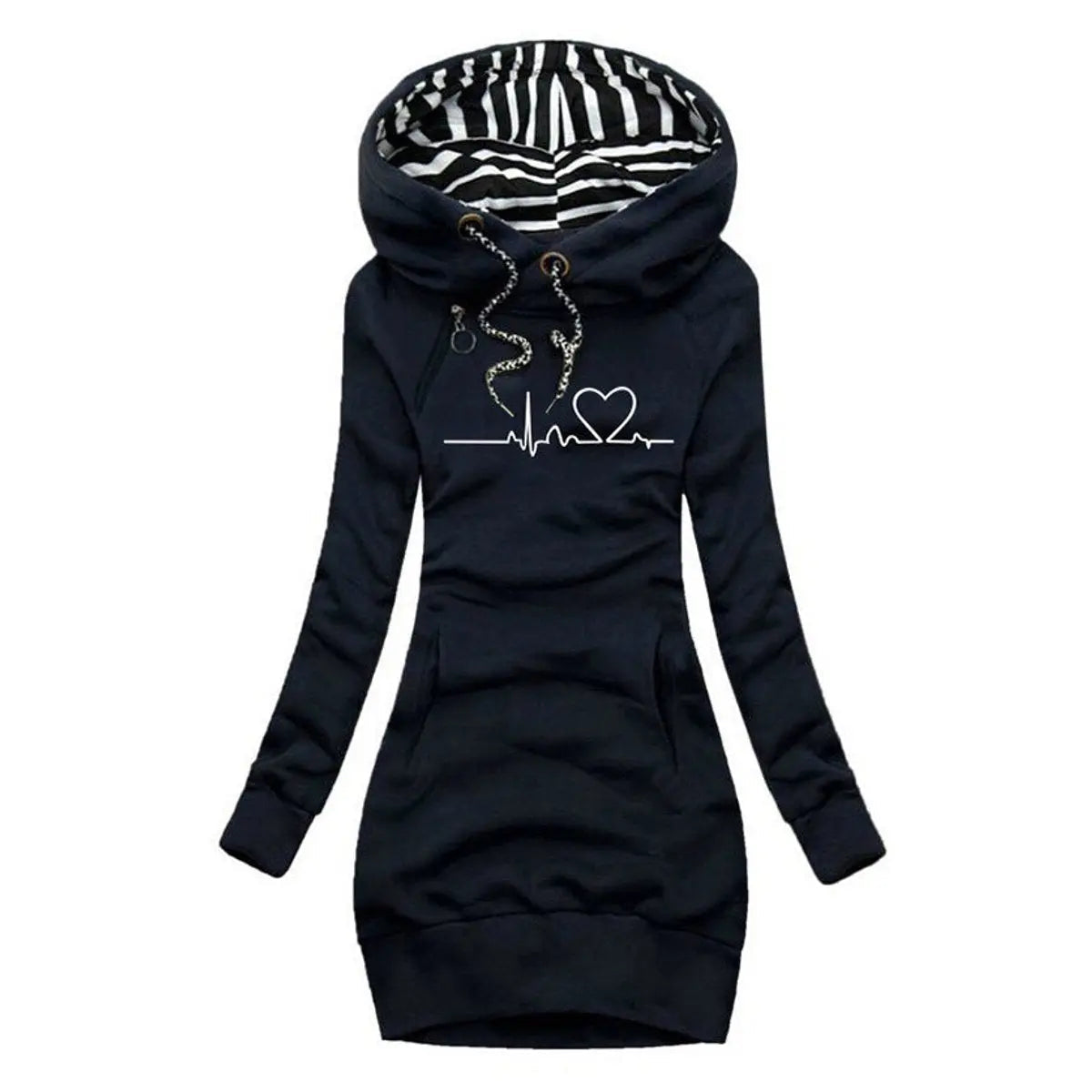 Women's Homixa long-sleeve graphic print dress with heartbeat motif, hood, kangaroo pocket, and casual style.