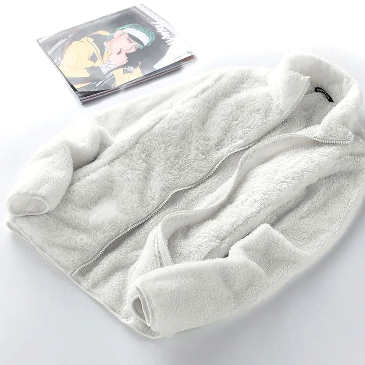 Women's oversized fleece jacket by Homixa with stand collar, zip front, and soft plush interior for cozy warmth.