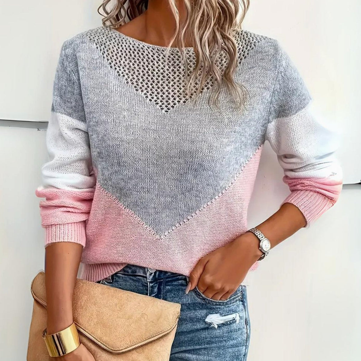 Women's relaxed-fit color-block knit crew-neck sweater with crochet details, by Homixa, showcasing vibrant color blocks and textured accents.