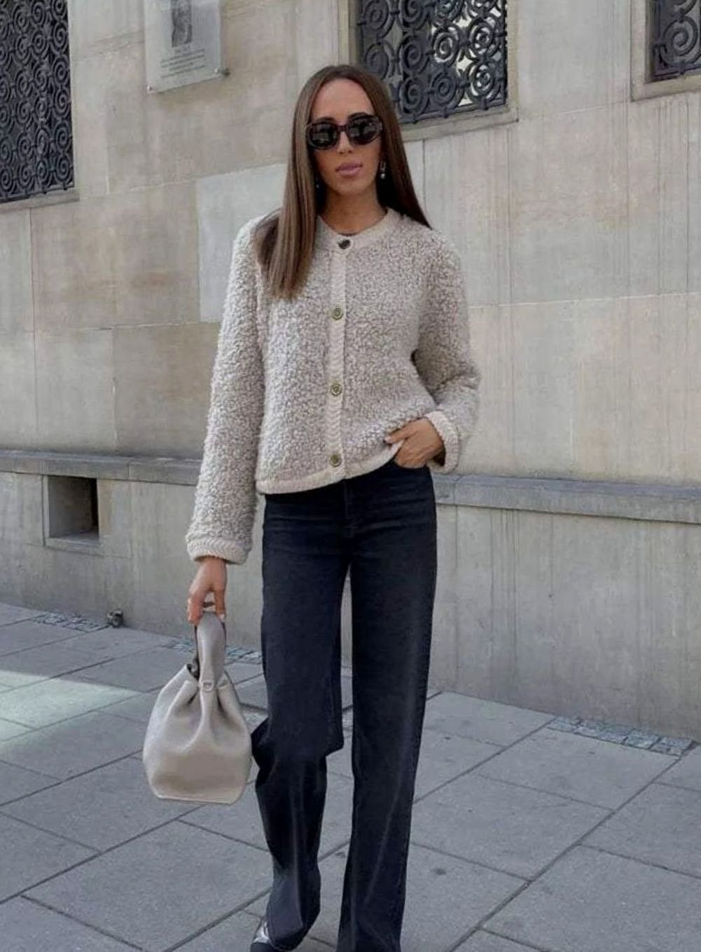 Women's relaxed-fit teddy cardigan by Homixa with gold buttons and soft textured finish, perfect for casual wear.
