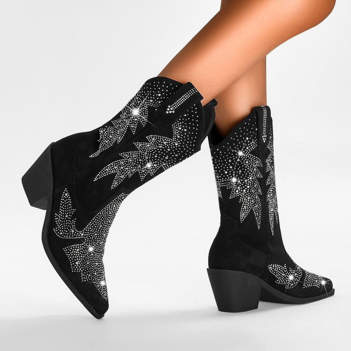 Women's Rhinestone Cowboy Boots by Homixa featuring an all-over star motif and sturdy block heel.