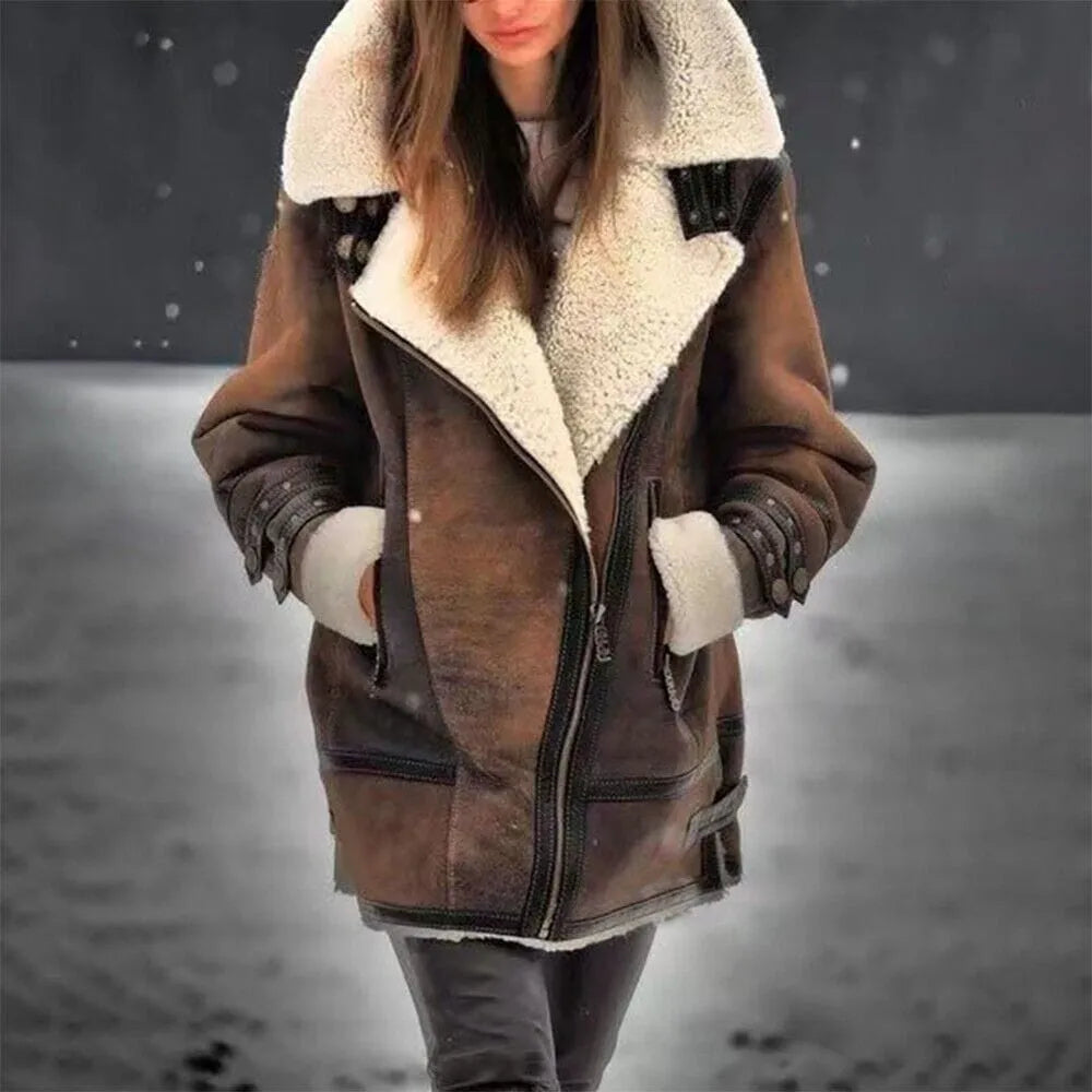 Homixa women's sherpa jacket with oversized plush collar, zip front, and turnback cuffs, cozy and stylish outerwear.