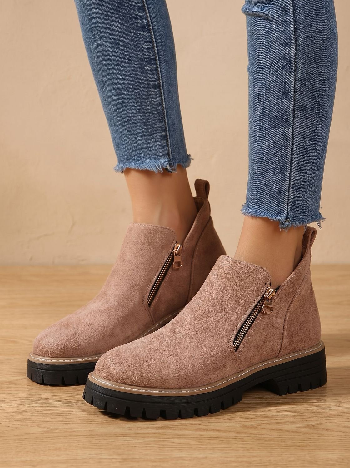 Homixa women's side-zip ankle boots with cushioned insole, arch support, and rugged lug sole, stylish and comfortable footwear.