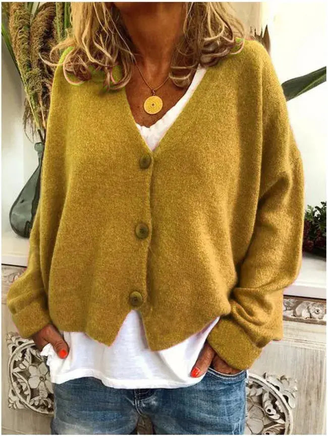 Homixa women's V-neck knit cardigan with button front, long sleeves, in solid colors, displayed on a model.