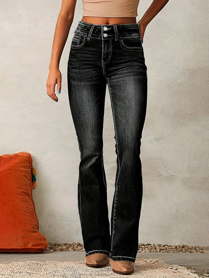 Homixa Alana flared jeans with double-button waist, washed finish, and contrast stitching, showcasing the relaxed fit and stylish design.
