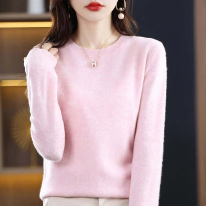 Homixa Belvia women's crew-neck sweater with ribbed cuffs and solid color, fine-knit fabric, and comfortable fit.