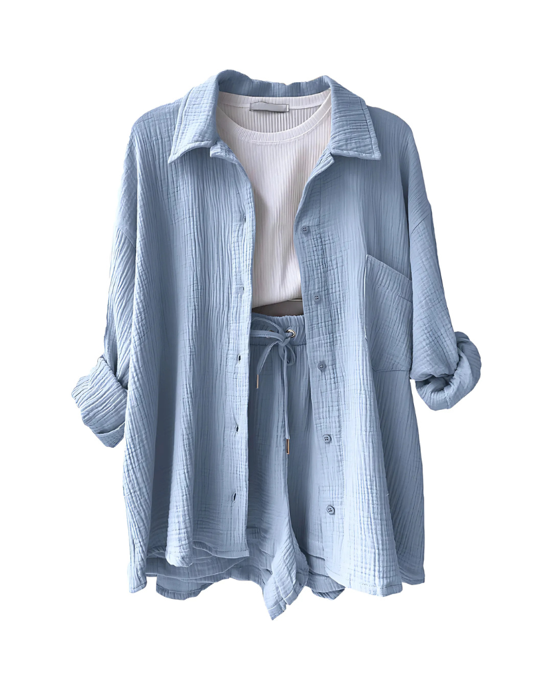 Loppist VERA™ modern button-up shorts set featuring a stylish top and matching shorts for a casual summer look.