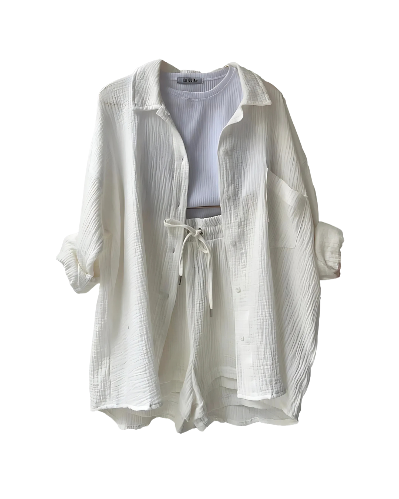 Loppist VERA™ modern button-up shorts set featuring a stylish top and matching shorts in a contemporary design.
