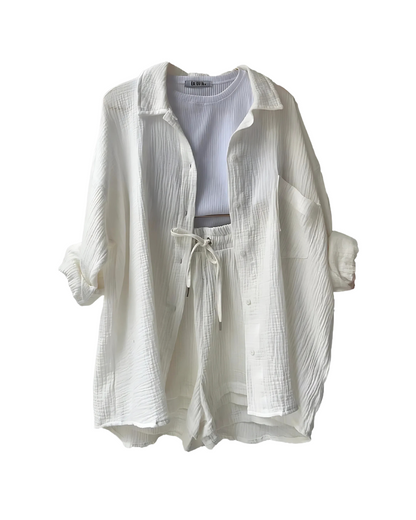 Loppist VERA™ modern button-up shorts set featuring a stylish top and matching shorts in a contemporary design.