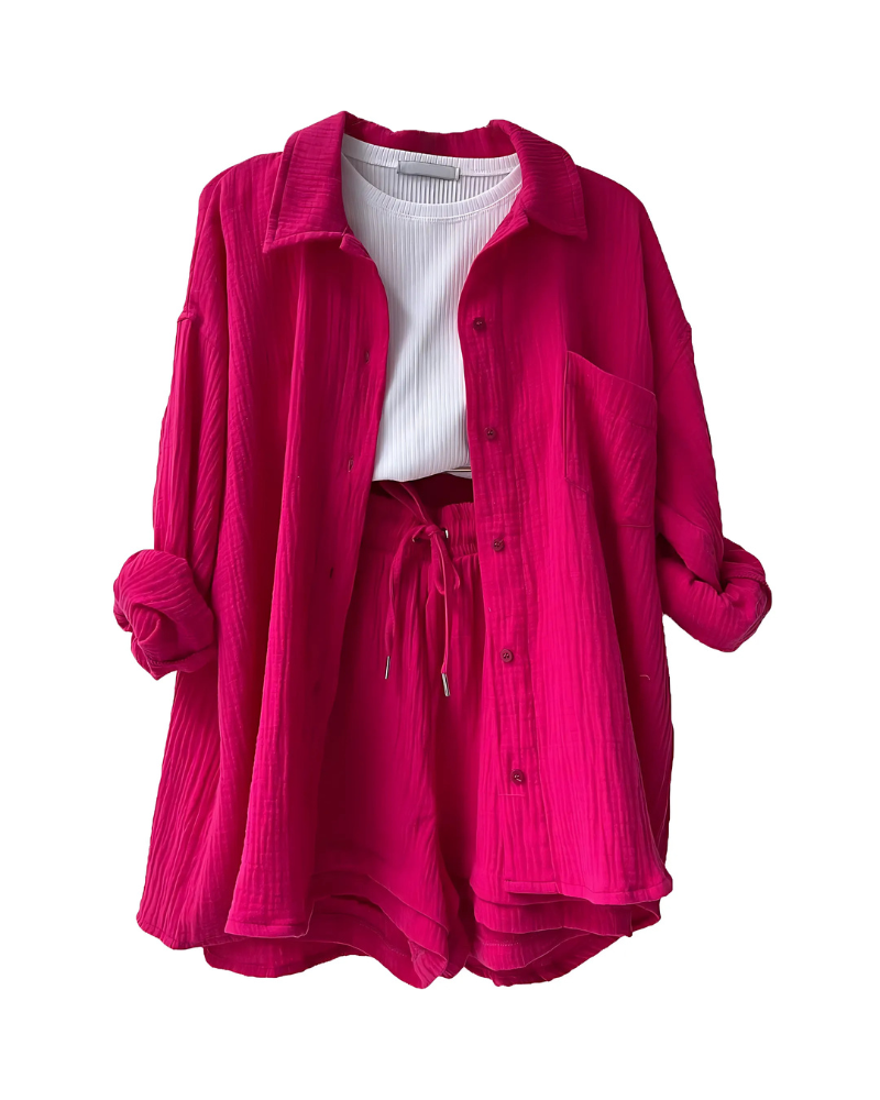 Loppist VERA™ modern button-up shorts set featuring a stylish top and matching shorts in a contemporary design.