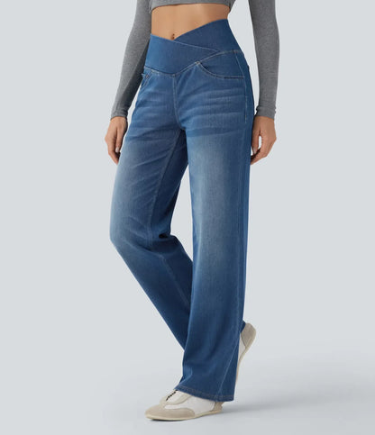 Mercer & Bloom UltraStretch™ crossover high-waisted jeans with tummy control, straight leg fit, and front pockets on a model.
