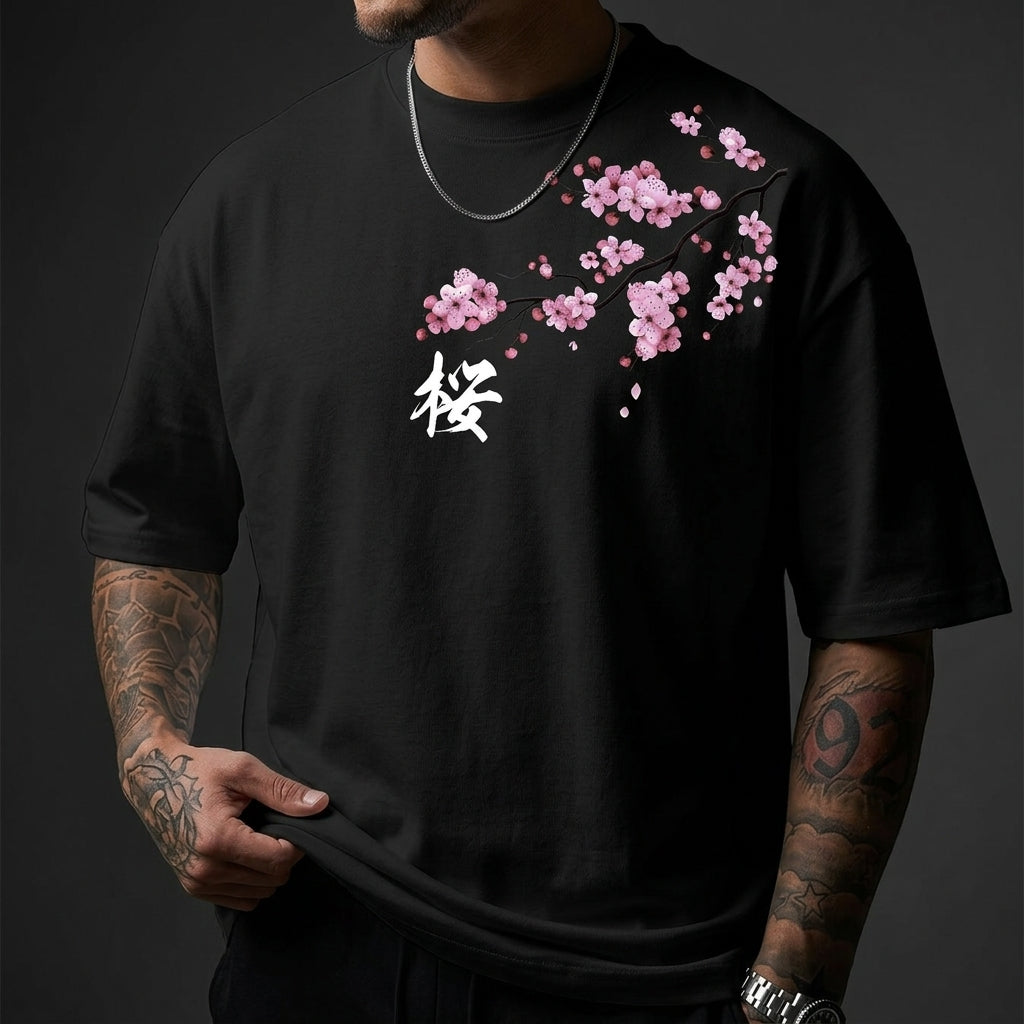 Homixa men's cotton T-shirt with cherry blossom print, crew neck, relaxed fit, featuring a stylish floral design.
