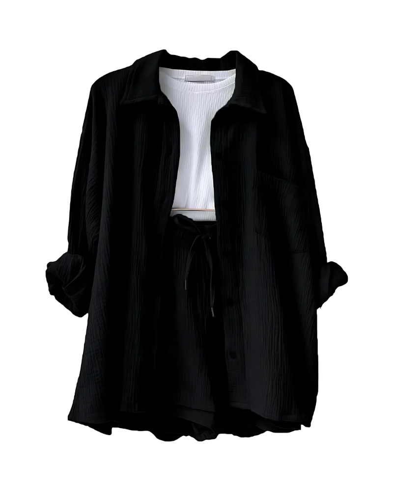 Loppist VERA™ modern button-up shorts set featuring a stylish top and matching shorts in a contemporary design.