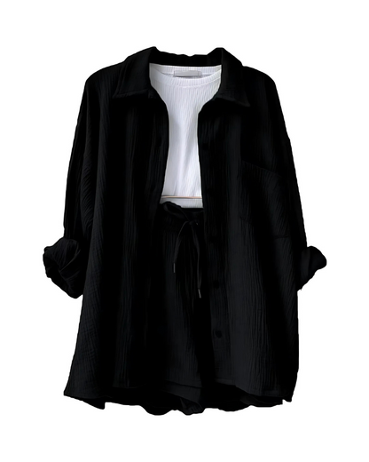Loppist VERA™ modern button-up shorts set featuring a stylish top and matching shorts in a contemporary design.