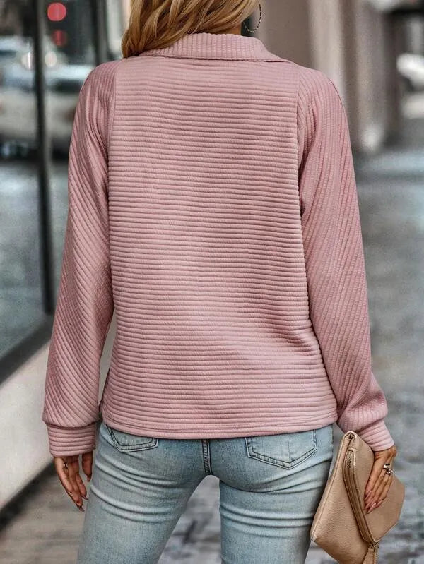 Homixa women's knit sweater with ribbed details and quarter-zip, featuring a cozy, textured fabric in a stylish design.