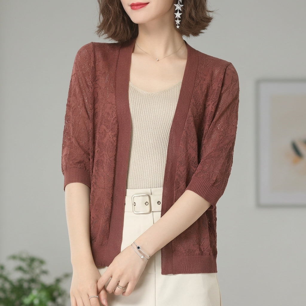 Homixa Benvielle floral lace-knit cardigan with open front, elbow sleeves, and solid trim, showcasing elegant, intricate knit design.