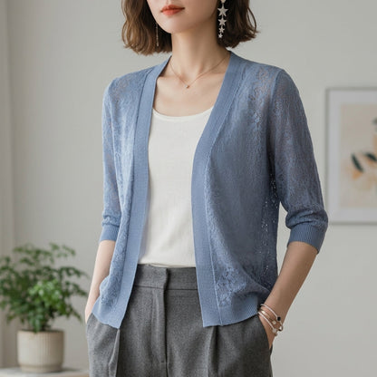 Homixa Benvielle floral lace-knit cardigan with open front, elbow sleeves, and solid trim, showcasing elegant, feminine design.