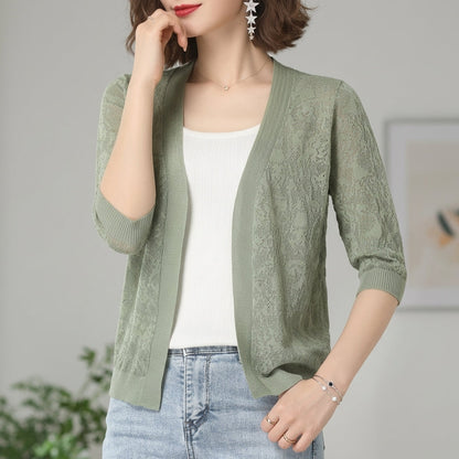 Homixa Benvielle floral lace-knit cardigan with open front, elbow sleeves, solid trim, elegant design, perfect for layering.
