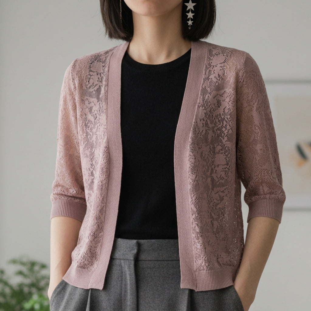 Homixa Benvielle floral lace-knit cardigan with open front, elbow sleeves, and solid trim, stylish and lightweight for versatile wear.