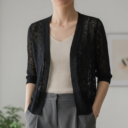 Homixa Benvielle floral lace-knit cardigan with open front, elbow sleeves, and solid trim, stylish and elegant.