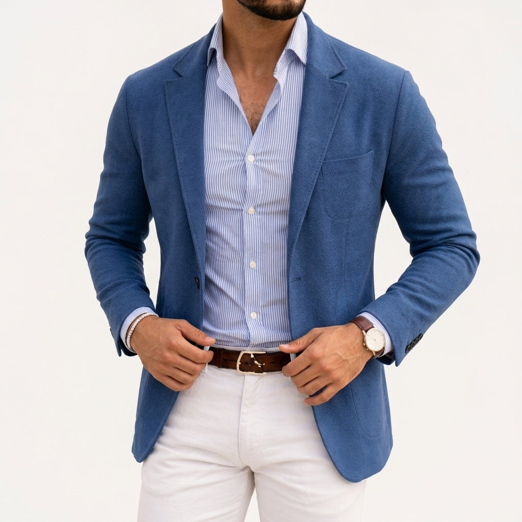 Arthur Hendon Varenzo Knit Blazer in navy, tailored fit with textured knit fabric, styled on a hanger.