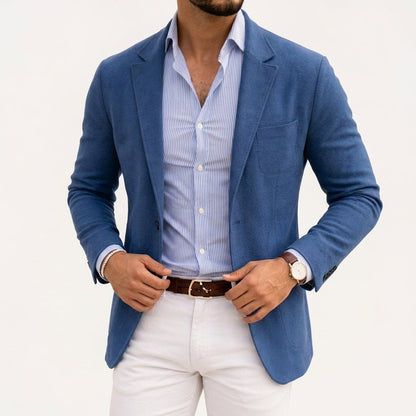 Arthur Hendon Varenzo Knit Blazer in navy, tailored fit with textured knit fabric, styled on a hanger.