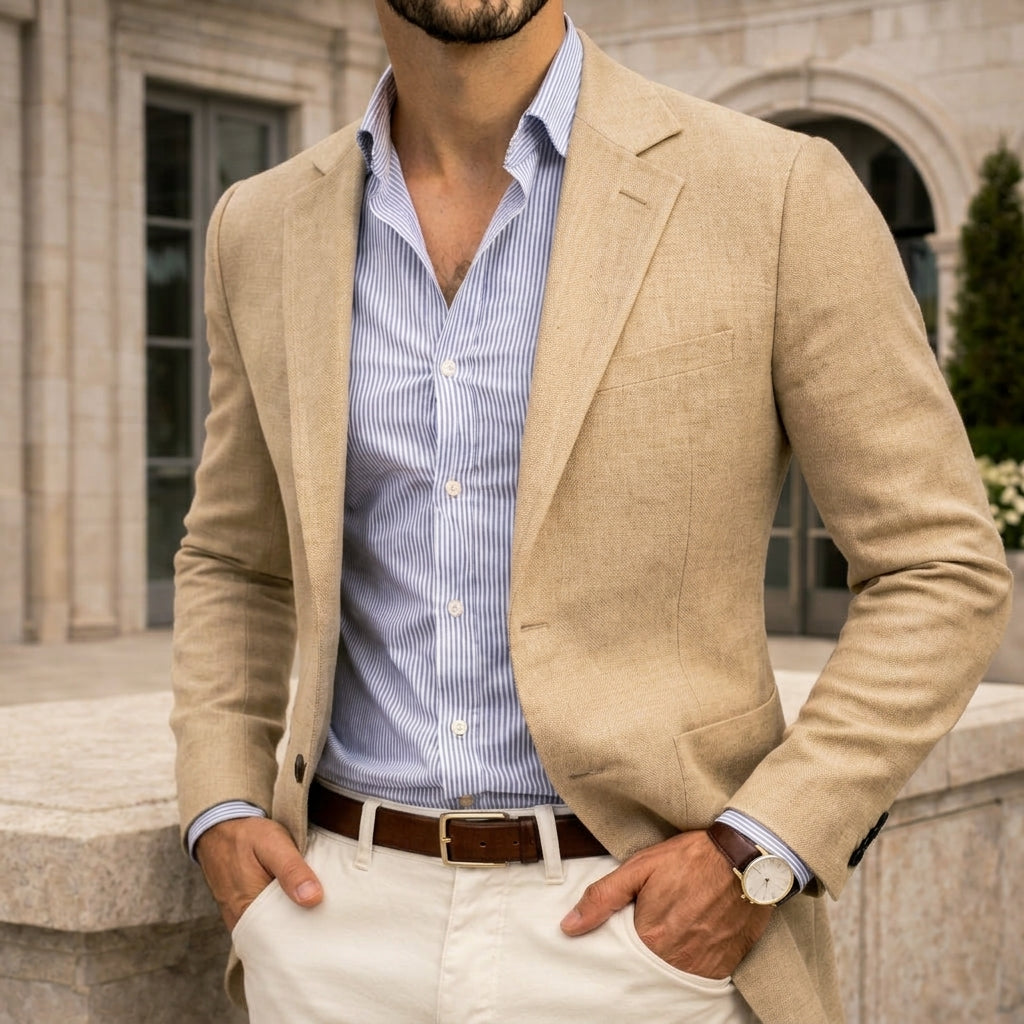 Arthur Hendon Varenzo Knit Blazer in navy, tailored fit with textured knit fabric, shown on a model.