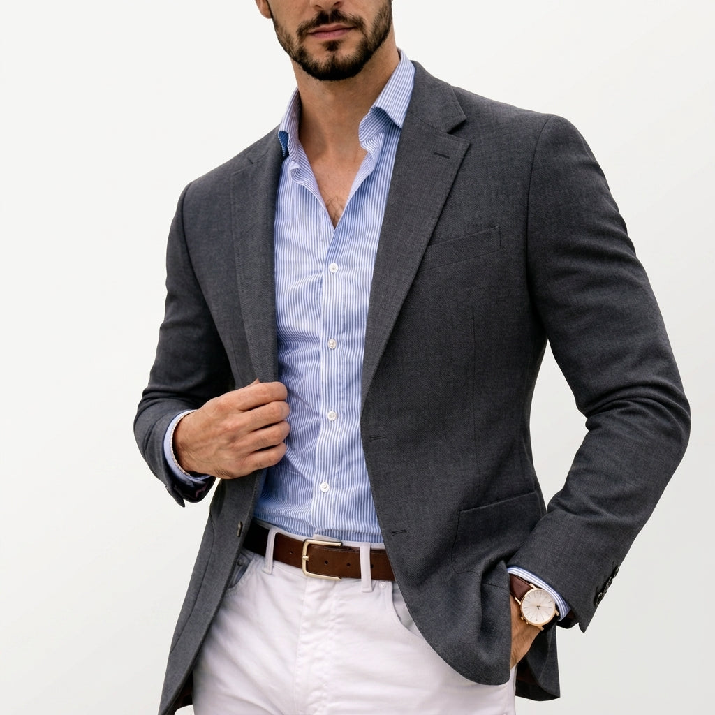 Arthur Hendon Varenzo Knit Blazer, close-up of navy blue tailored blazer with textured knit fabric and classic lapel.