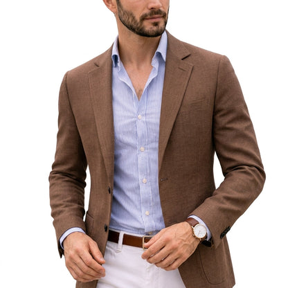 Arthur Hendon Varenzo Knit Blazer displayed on a hanger, featuring a tailored fit and textured knit fabric in a neutral color.