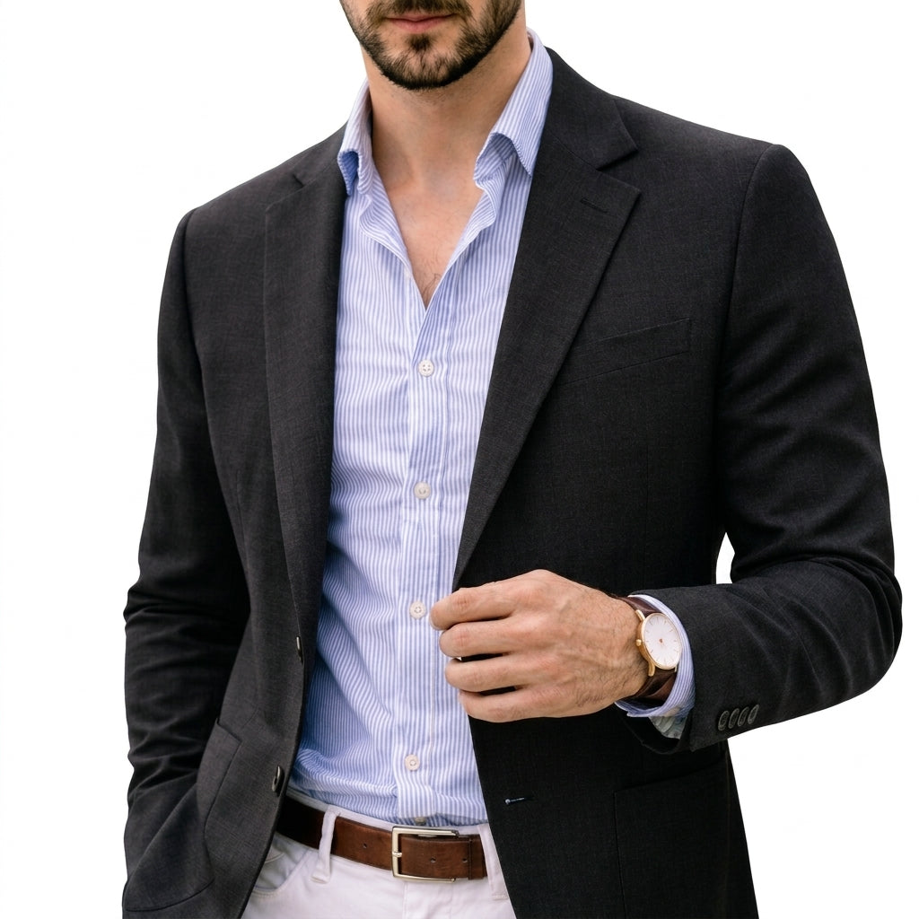 Arthur Hendon Varenzo Knit Blazer in navy, tailored fit with textured knit fabric, displayed on a hanger against a neutral background.