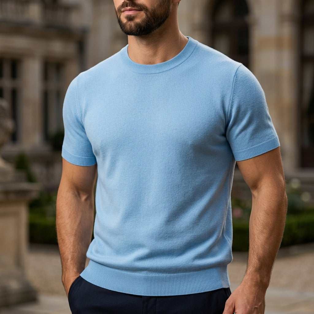 Arthur Hendon Volterra cashmere T-shirt in neutral color, close-up of soft fabric and classic crew neckline.