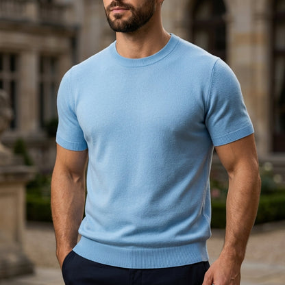 Arthur Hendon Volterra cashmere T-shirt in neutral color, close-up of soft fabric and classic crew neckline.