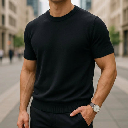 Arthur Hendon Volterra cashmere T-shirt in neutral color, close-up showing soft fabric and classic fit.