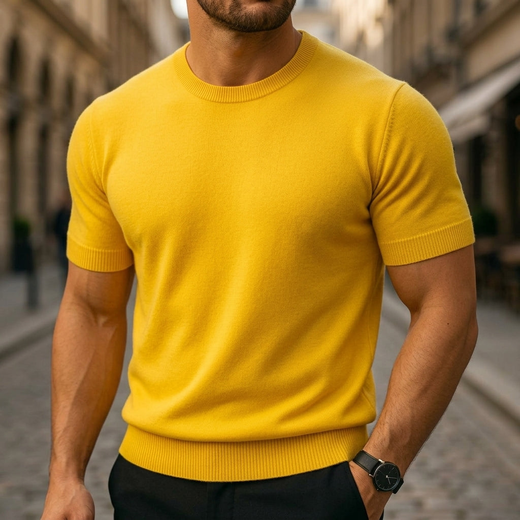 Arthur Hendon Volterra Cashmere T-Shirt in cream, soft cashmere fabric, close-up of smooth, luxurious knit texture