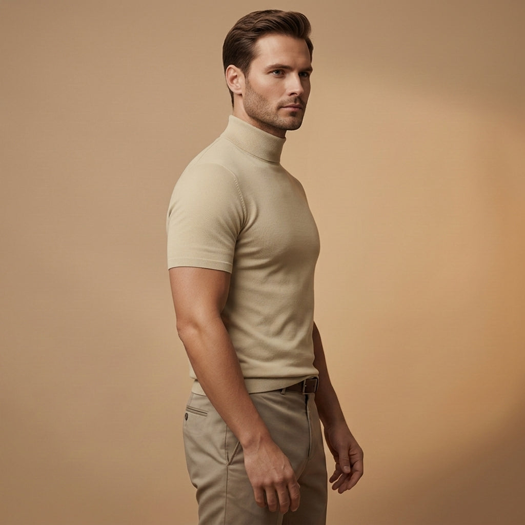 Arthur Hendon Menton Turtleneck T-Shirt in neutral color, close-up showing soft fabric and stylish fit.