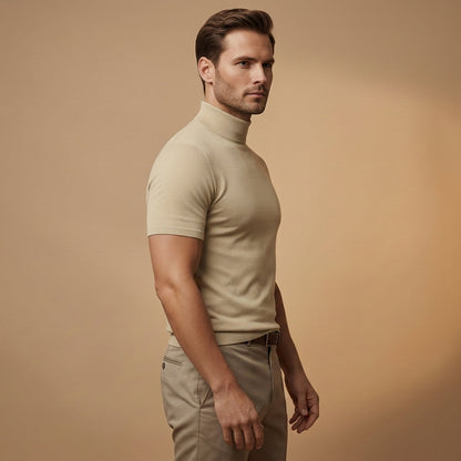 Arthur Hendon Menton Turtleneck T-Shirt in neutral color, close-up showing soft fabric and stylish fit.